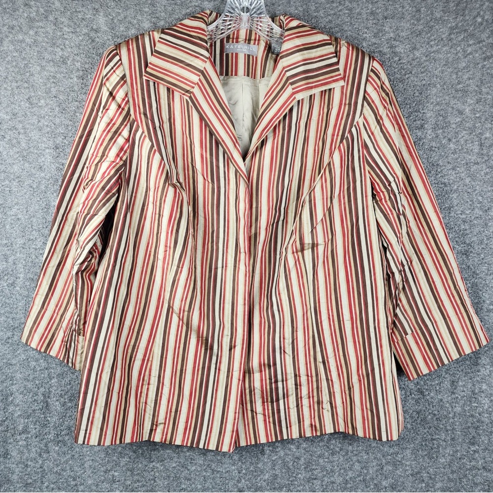 Kate Hill Blazer Women 16W Red Brown Striped 100% Silk Professional Jacket